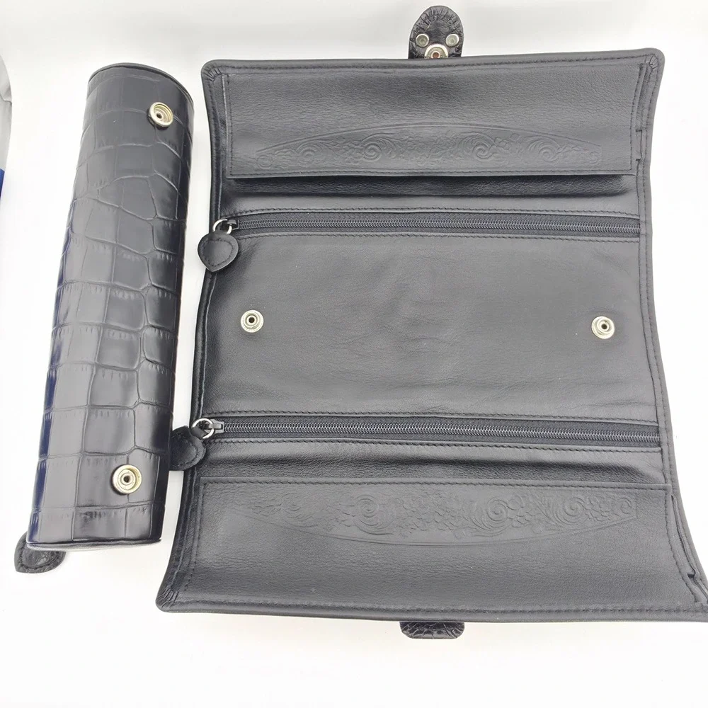 BRIGHTON Travel Jewelry Organizer Bag Roll Black Leather Heart Silver Gold Plate